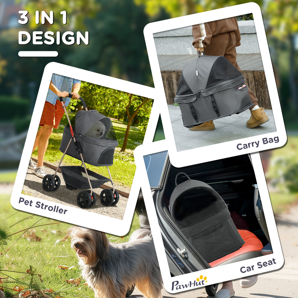 3-in-1 Foldable Pet Stroller with Detachable Carrier – Gray