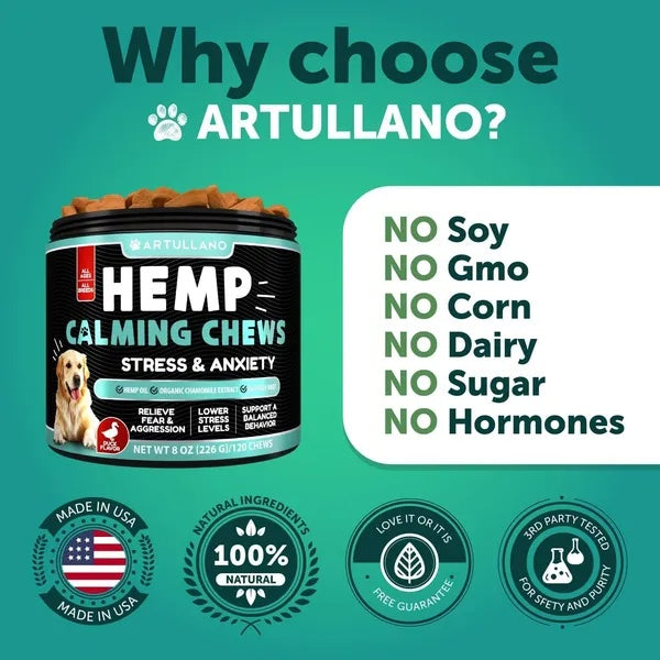 Hemp Calming Chews for Dogs – Anxiety Relief with Hemp Oil, Turmeric & Valerian (120 Treats)