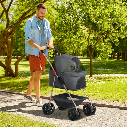 3-in-1 Foldable Pet Stroller with Detachable Carrier – Gray