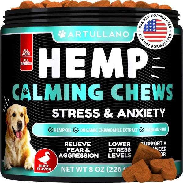 Hemp Calming Chews for Dogs – Anxiety Relief with Hemp Oil, Turmeric & Valerian (120 Treats)
