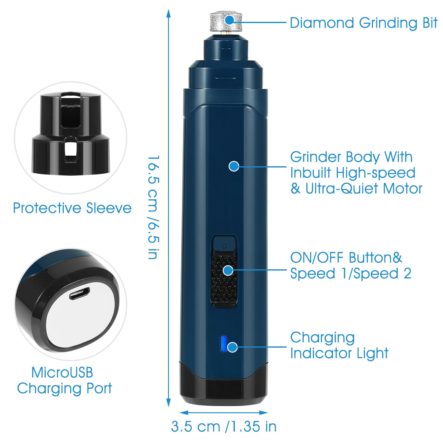 Quiet USB Rechargeable Pet Nail Grinder – 2-Speed for Dogs & Cats