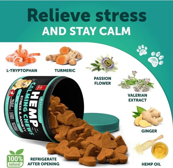 Hemp Calming Chews for Dogs – Anxiety Relief with Hemp Oil, Turmeric & Valerian (120 Treats)